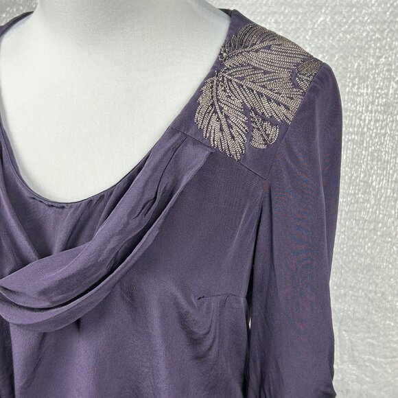 Tibi Blouse Women 4 100% Silk Roll Tab Sleeve Purple Embellished Beaded Feathers - Picture 5 of 12